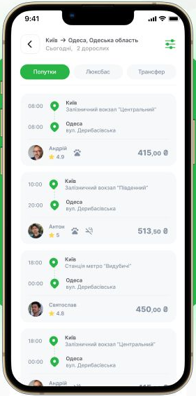 Перелік доступних попуток у застосунку Wizy